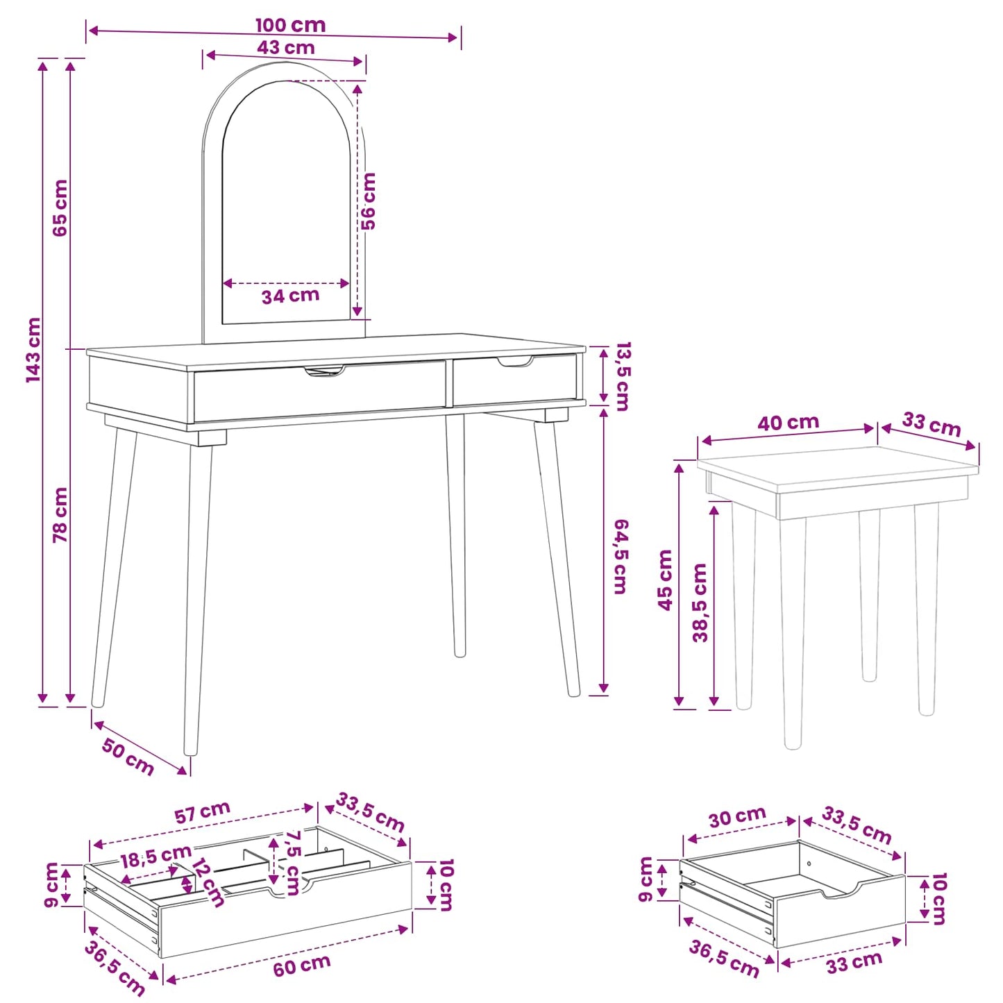 Schminktisch-Set FAUSKE 3 stk. Weiß 100 x 50 x 143 cm