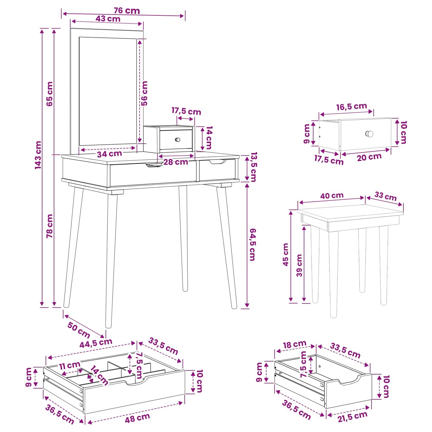 Schminktisch-Set FAUSKE 4 stk. Weiß 76 x 50 x 143 cm