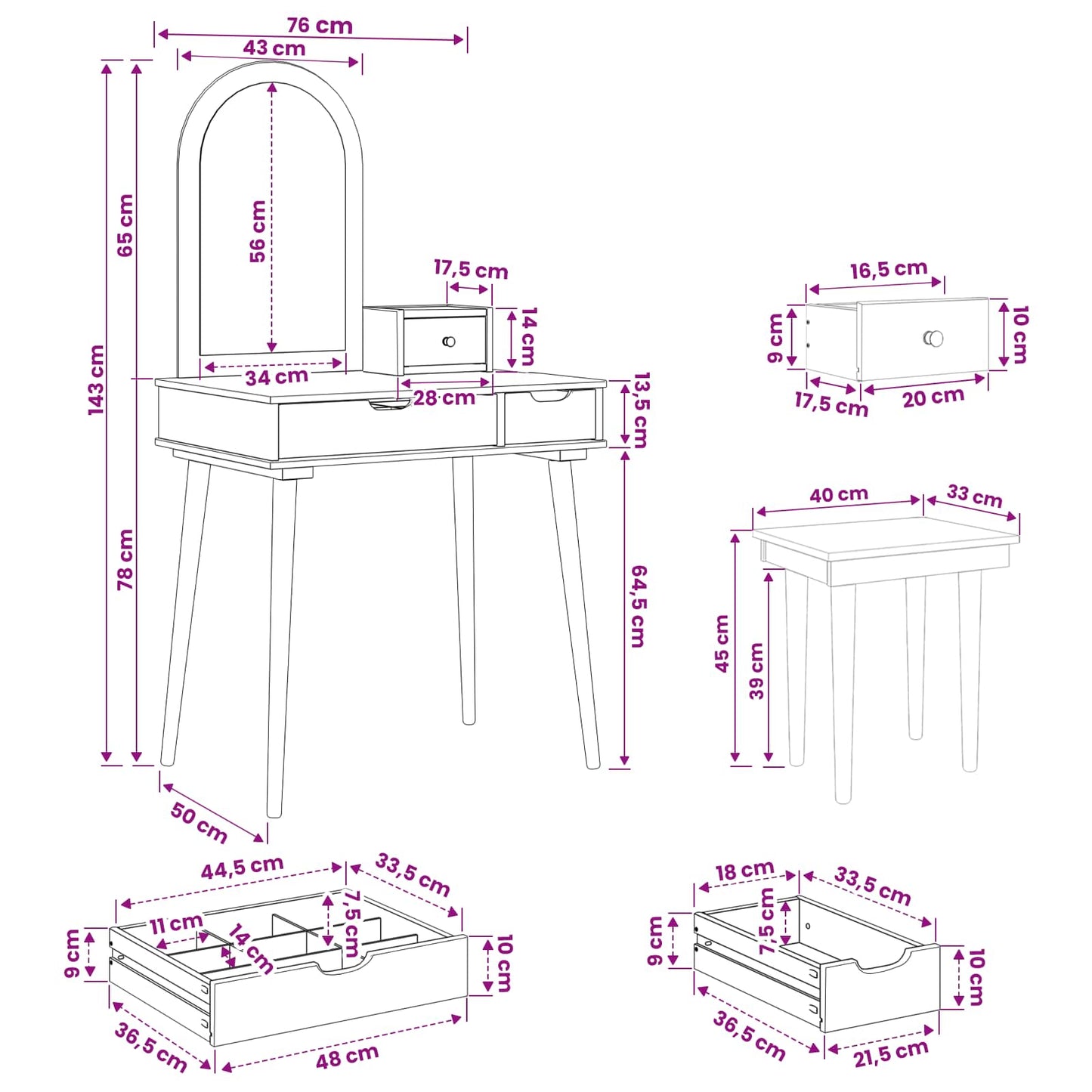 Schminktisch-Set FAUSKE 4 stk. Weiß 76 x 50 x 143 cm