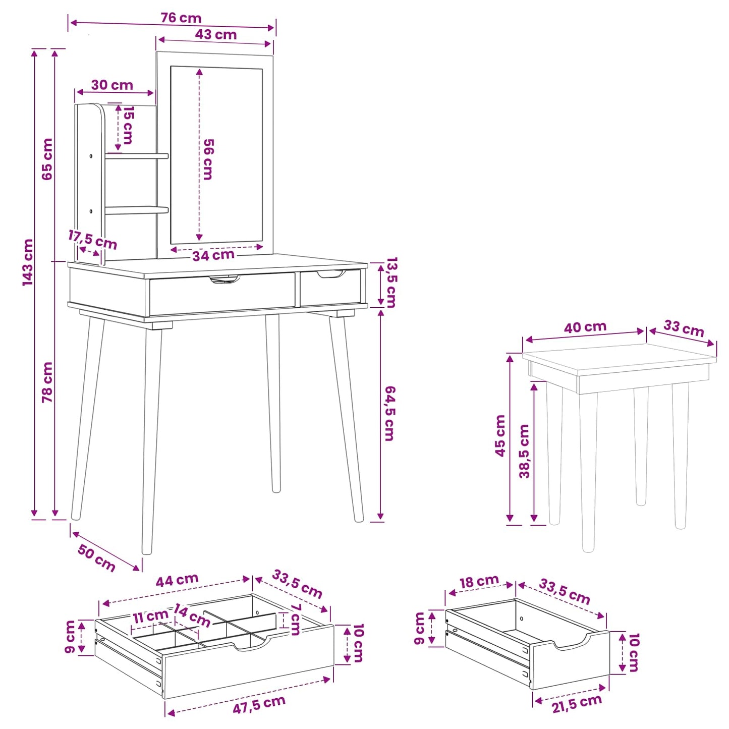 Schminktisch-Set FAUSKE 4 stk. Weiß 76 x 50 x 143 cm