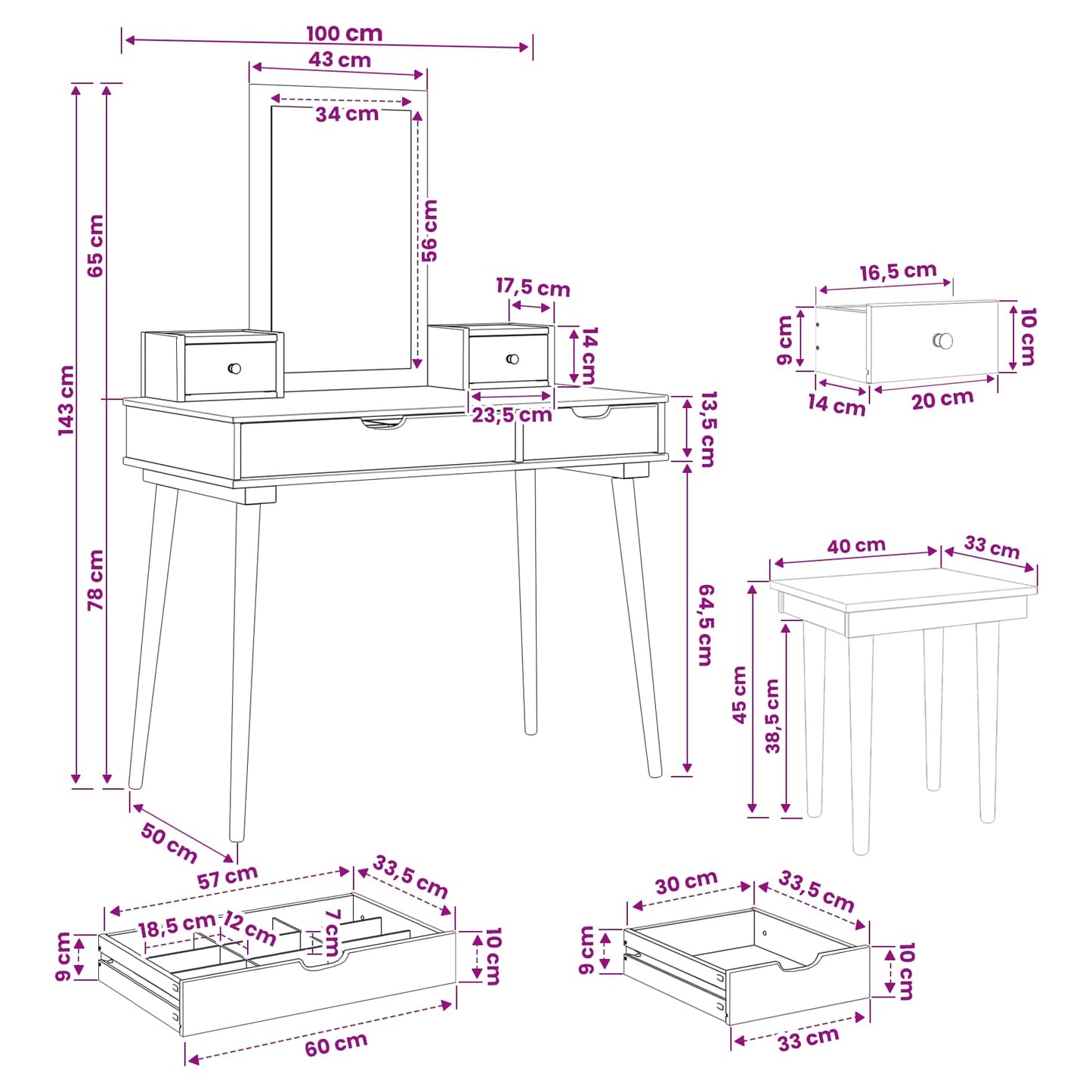 Schminktisch-Set FAUSKE 5 stk. Weiß 100 x 50 x 143 cm
