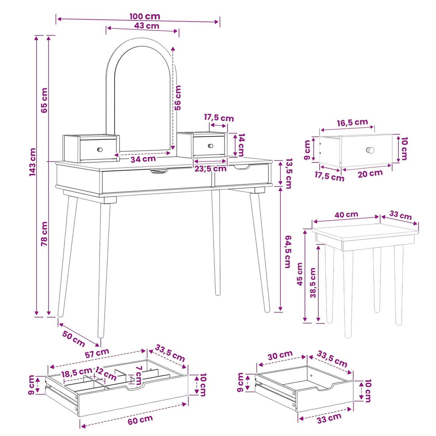 Schminktisch-Set FAUSKE 5 stk. Weiß 100 x 50 x 143 cm