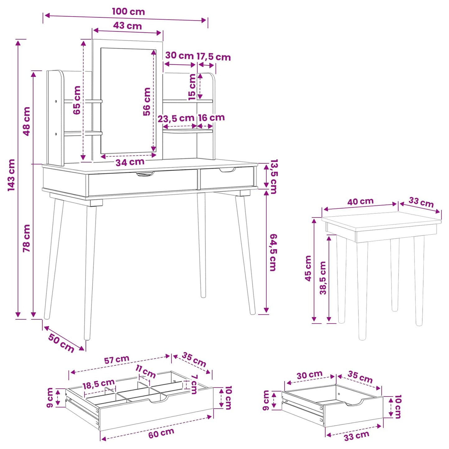 Schminktisch-Set FAUSKE 5 Stk. Weiß 100 x 50 x 143 cm