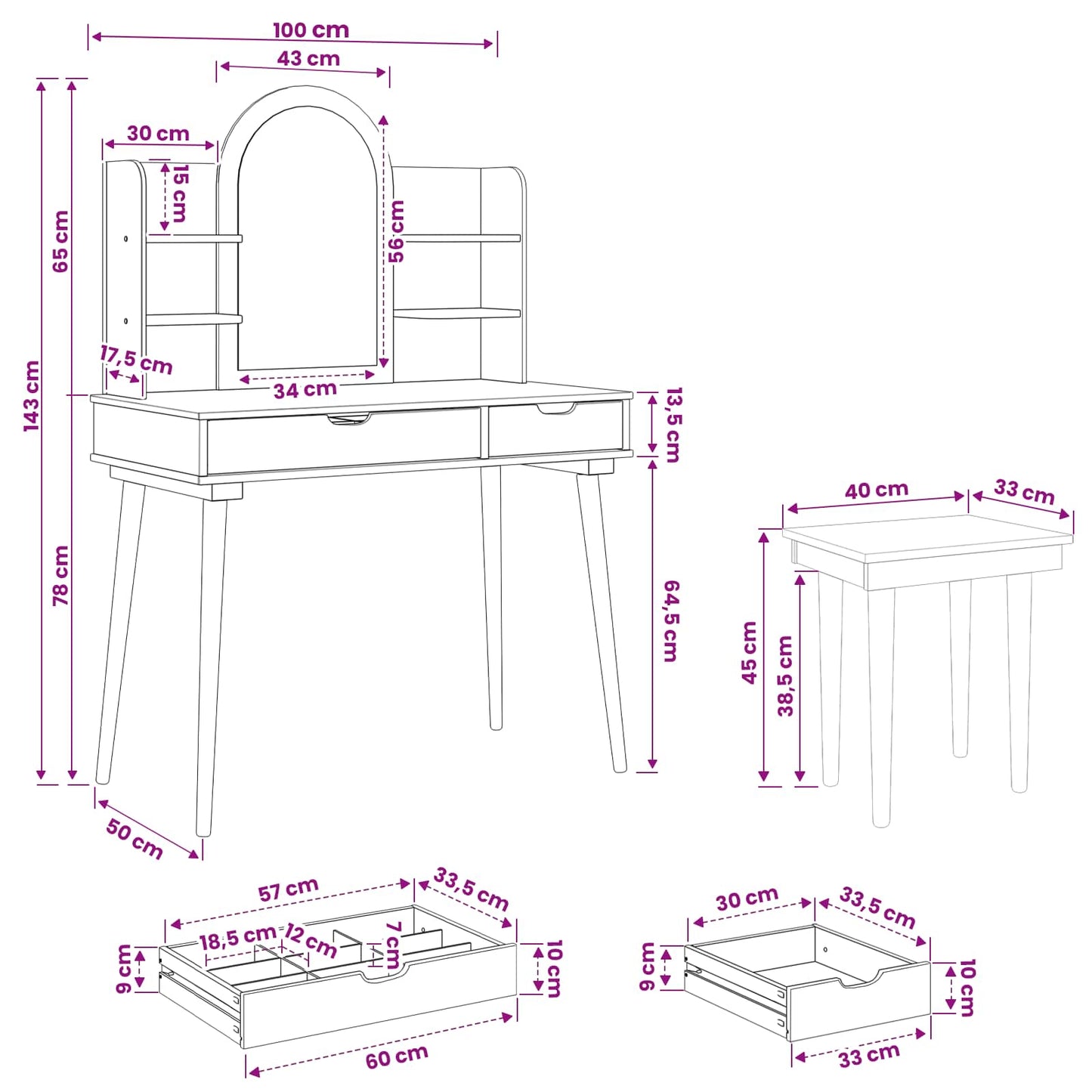 Schminktisch-Set FAUSKE 5 stk. Weiß 100 x 50 x 143 cm