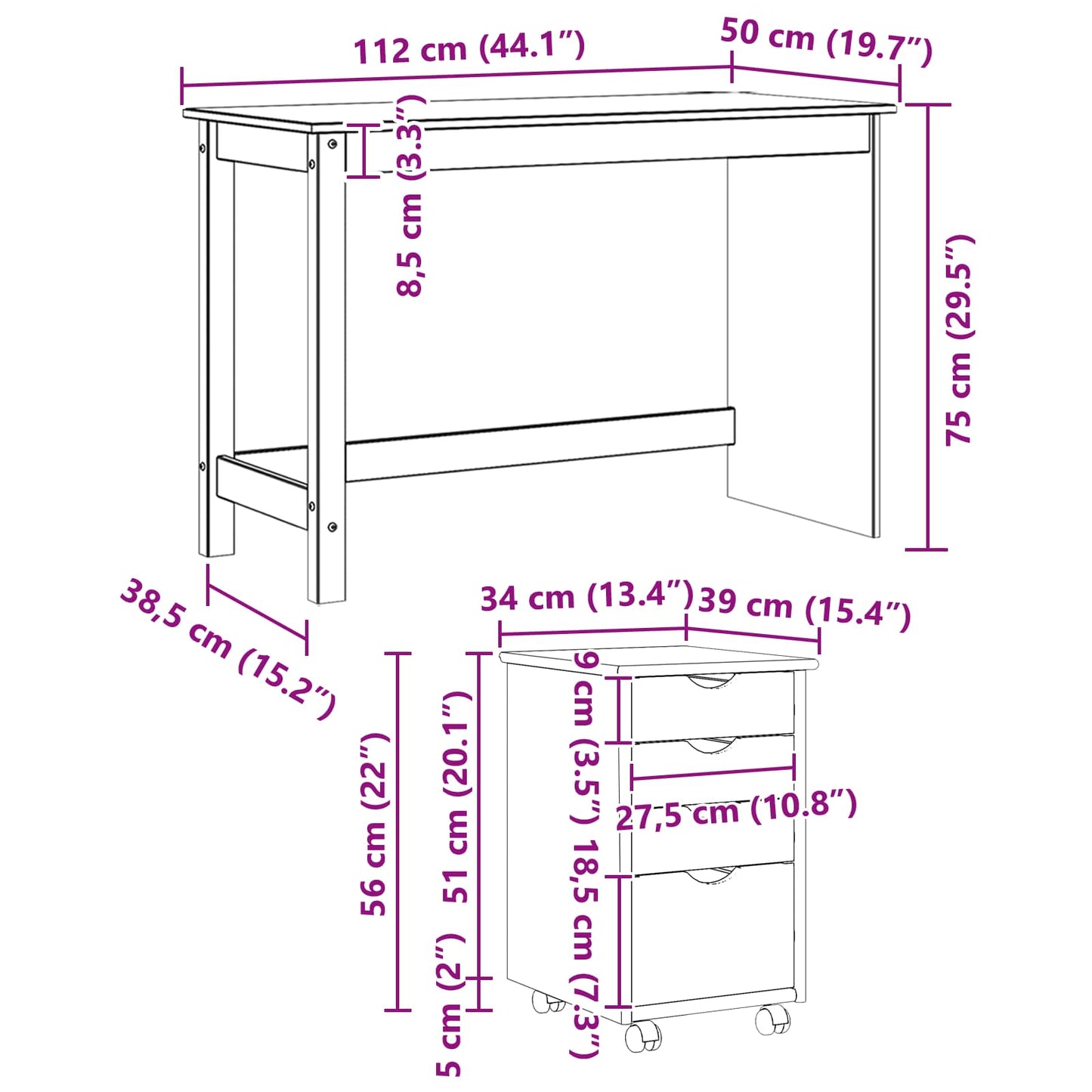 Schreibtischschrank-Set 2 stk. Braun Massives Kiefernholz