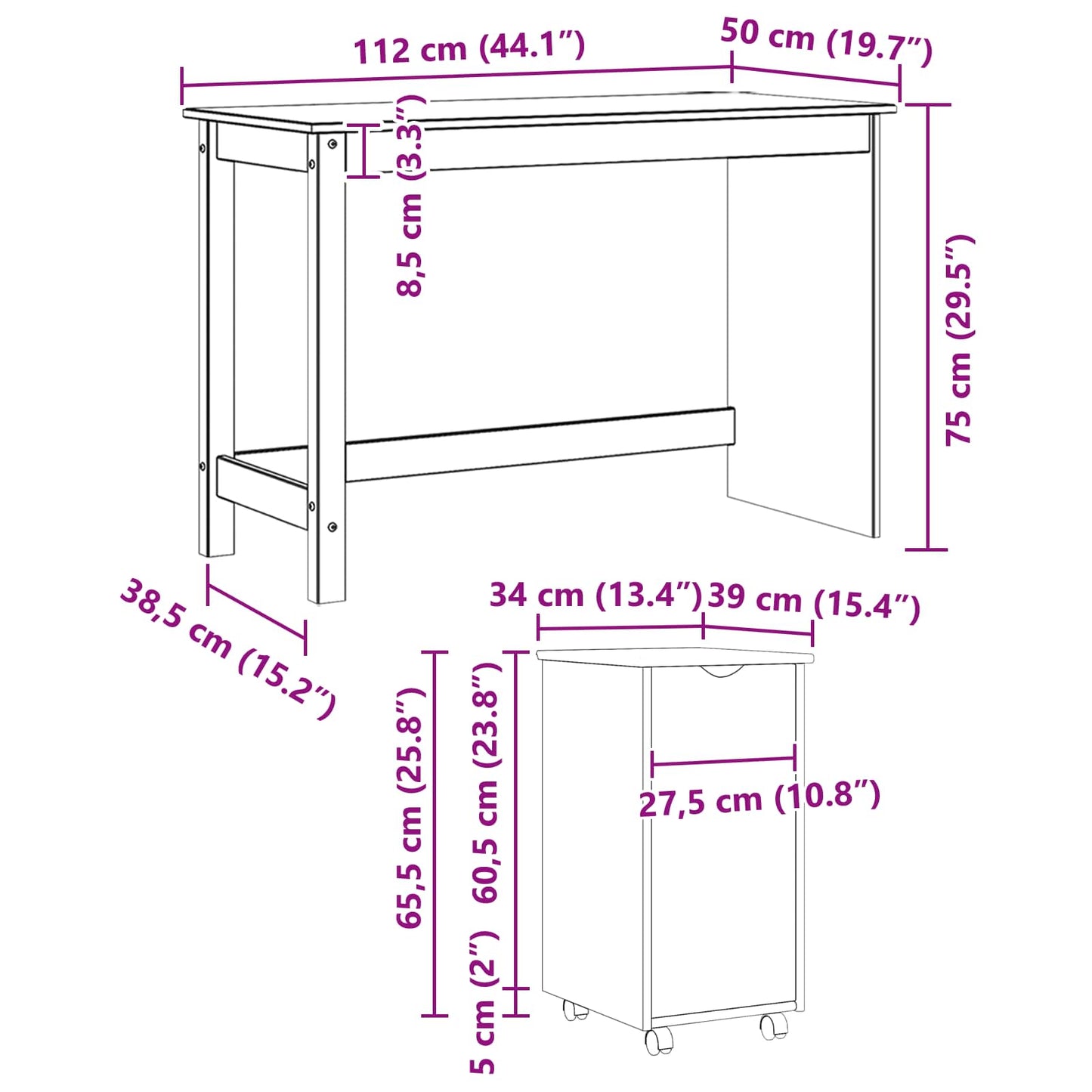 Schreibtischschrank-Set 2 stk. Weiß Massives Kiefernholz