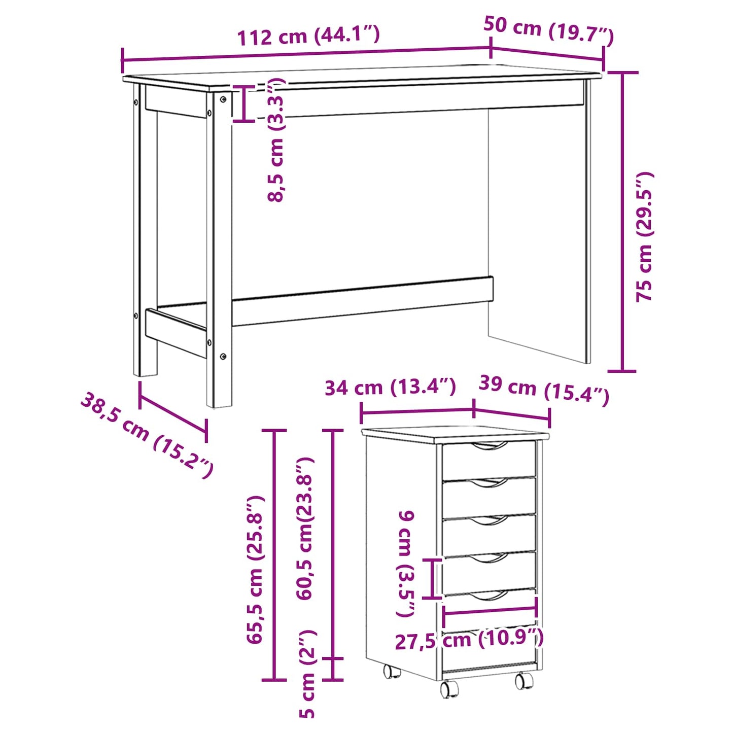 Desk und Rolling Cabinet Set MOSS 2 stk. Weiß