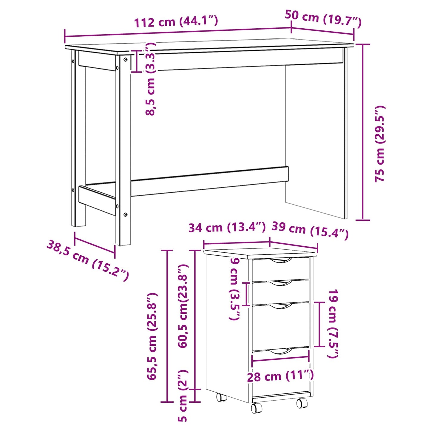 Desk und Rolling Cabinet Set MOSS 2 stk. Honigbraun