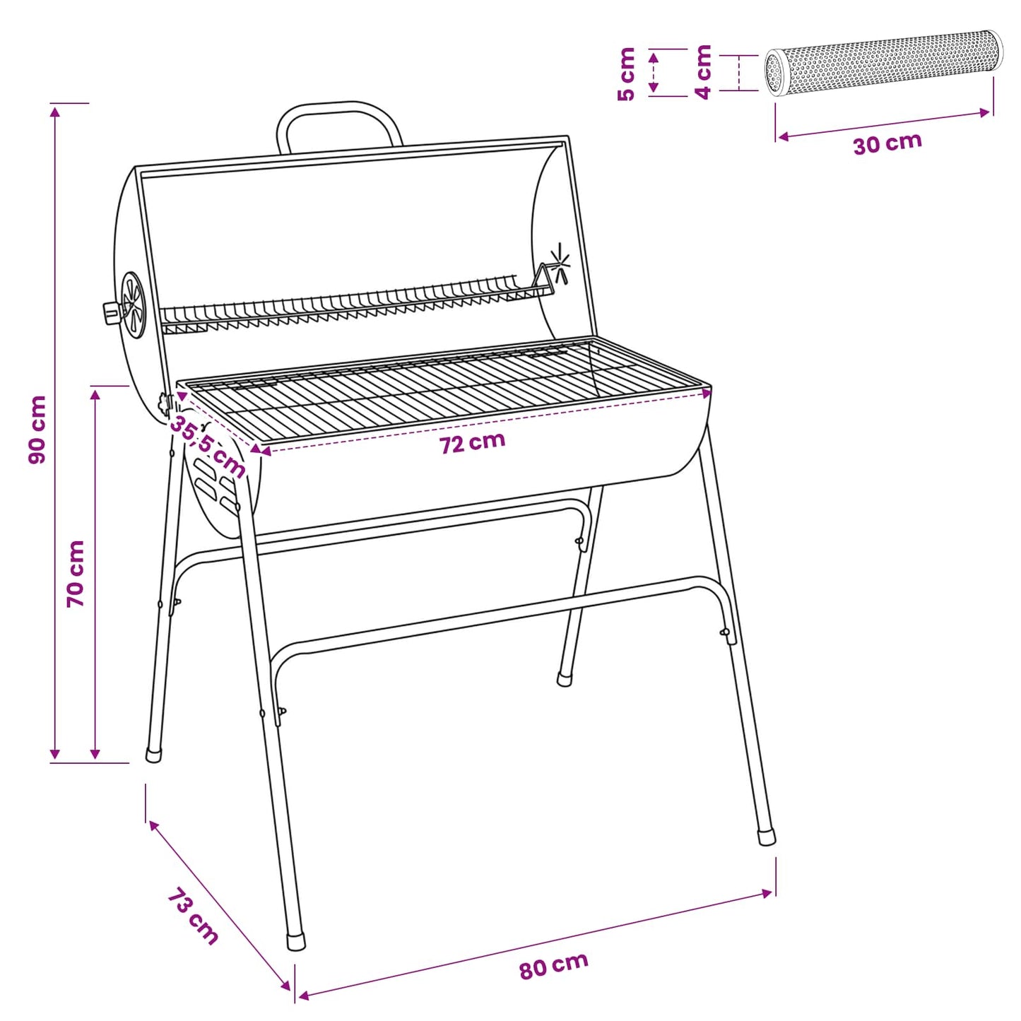 Fassgrill mit 2 Kochrosten 3 stk. 80 x 73 x 90 cm Metall