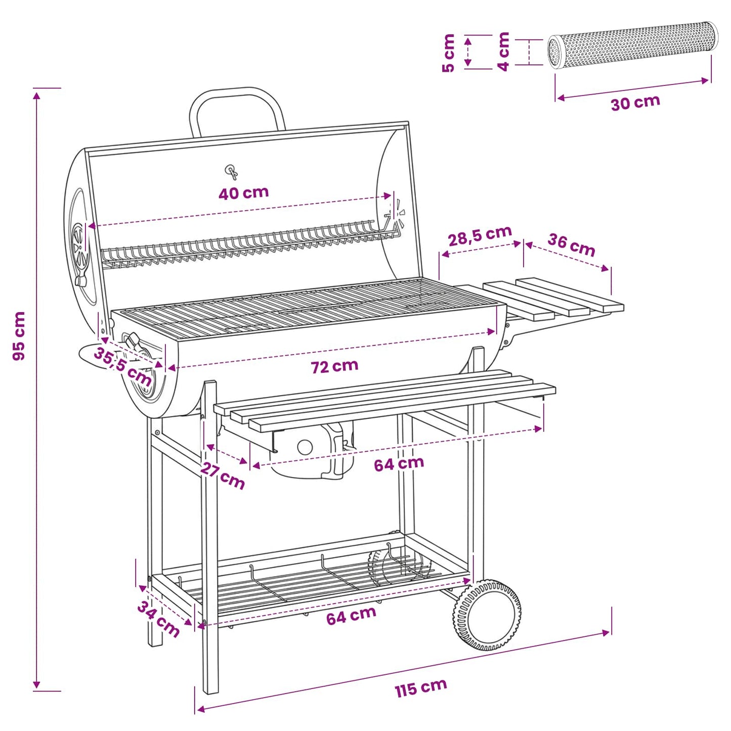 Fassgrill mit Rädern und Regalen 3 stk. 115 x 85 x 95 cm Metall