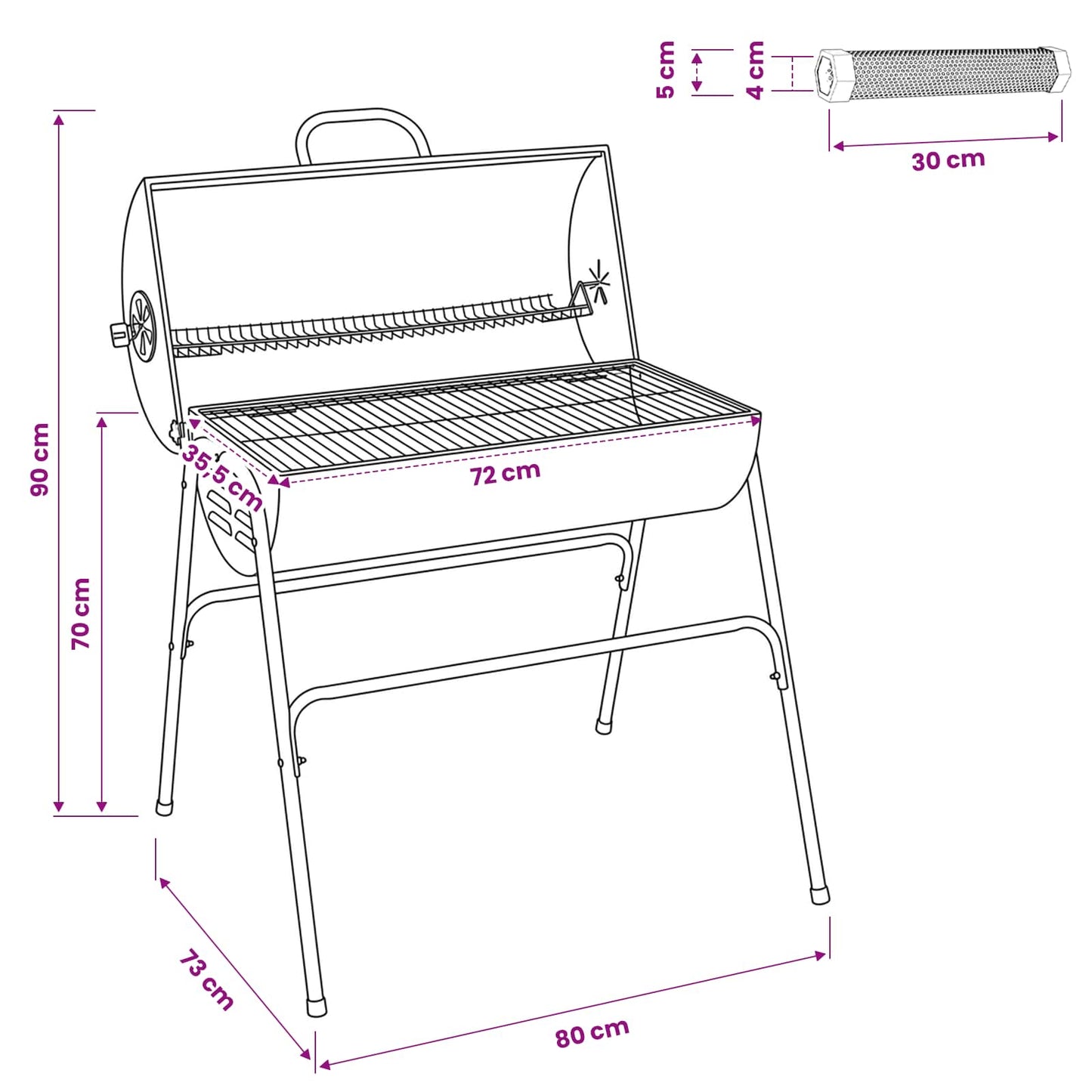 Fassgrill mit 2 Kochrosten 3 stk. 80 x 73 x 90 cm Metall