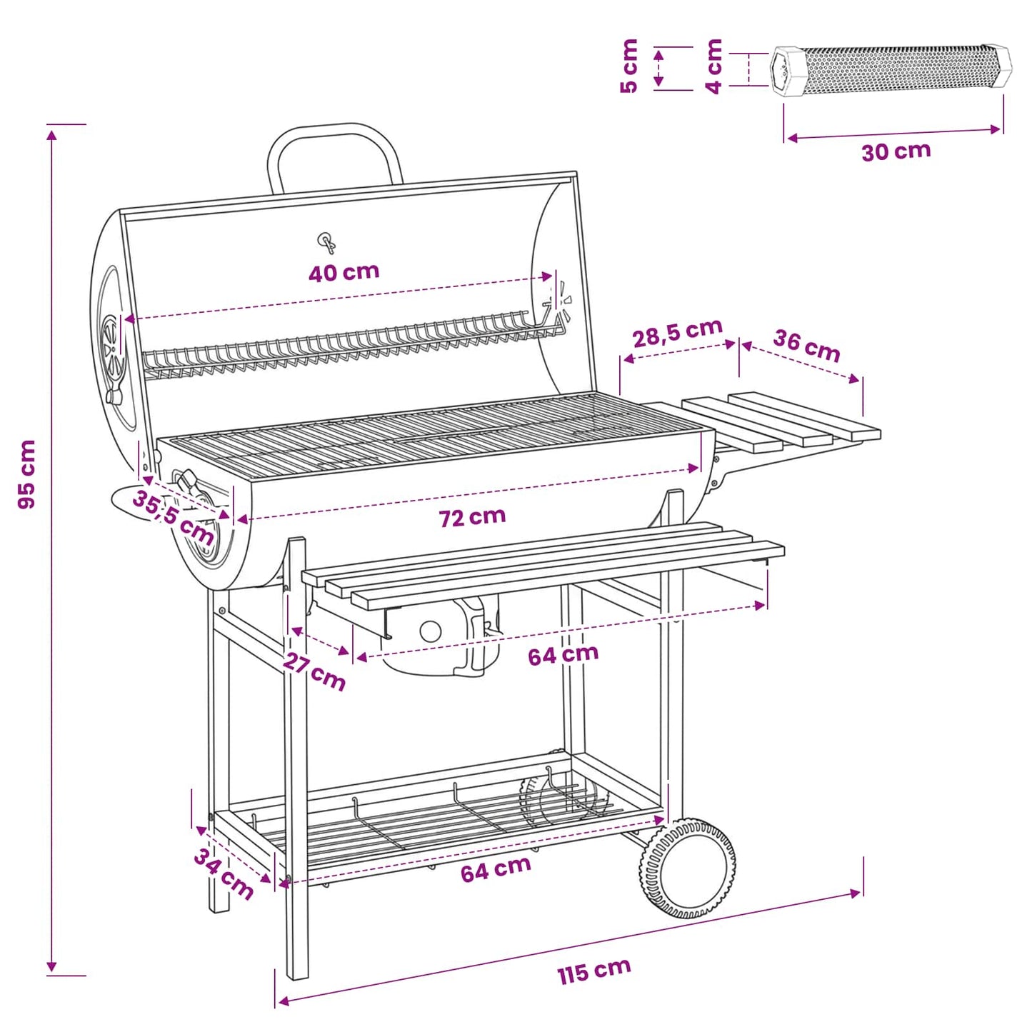 Fassgrill mit Rädern und Regalen 3 stk. 115 x 85 x 95 cm Metall