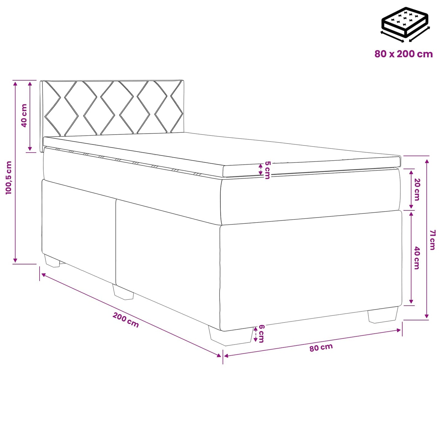 Boxspringbett mit Matratze Schwarz 80 x 200 cm Stoff