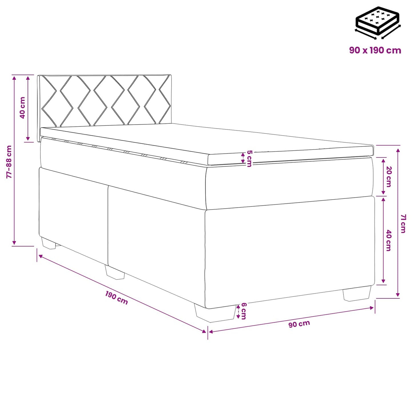 Boxspringbett mit Matratze Schwarz 90 x 190 cm Stoff