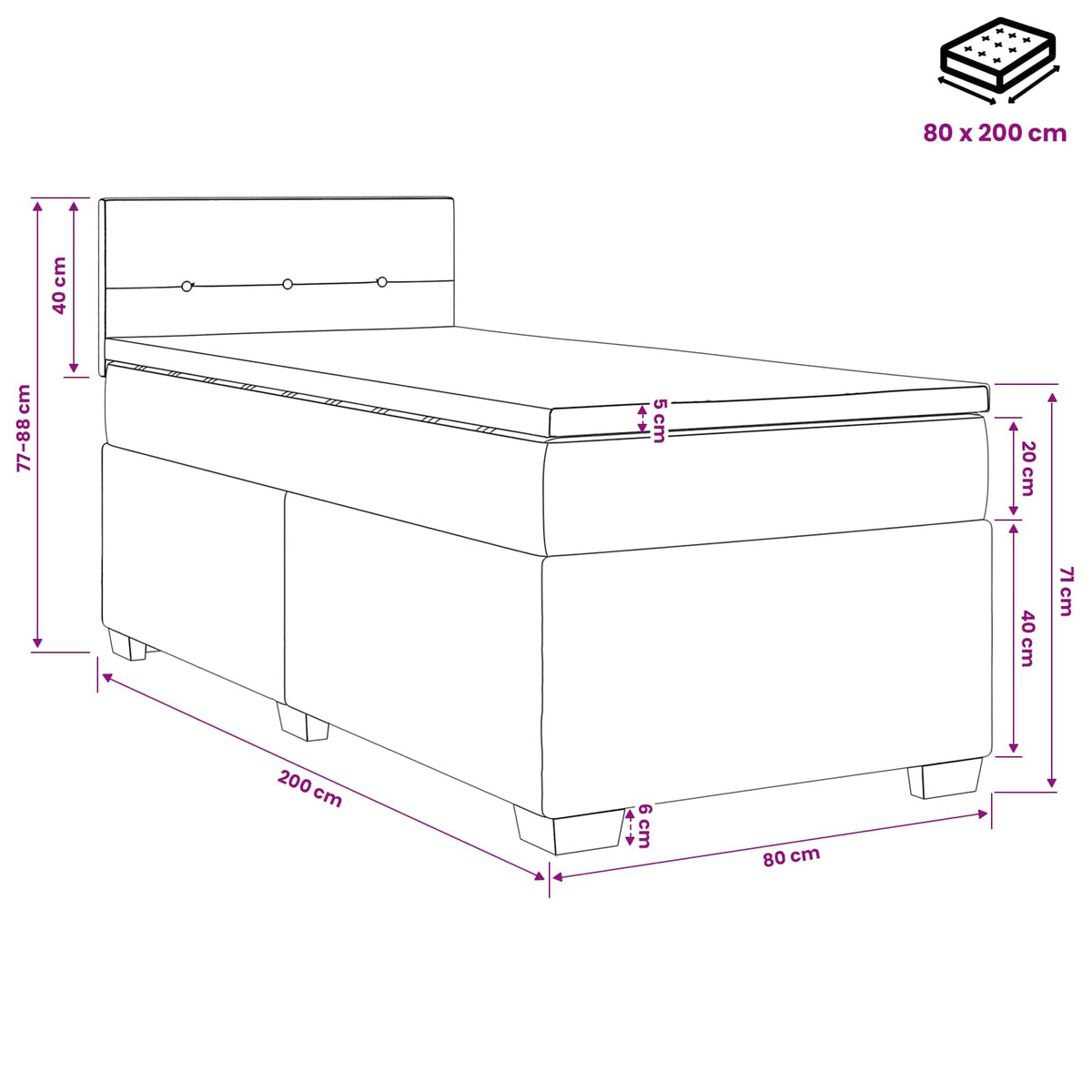 Boxspringbett mit Matratze Schwarz 80 x 200 cm Samt