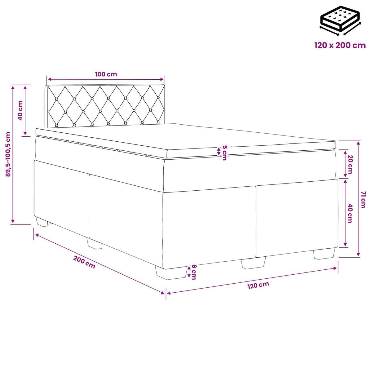 Boxspringbett mit Matratze Schwarz 120 x 200 cm Samt