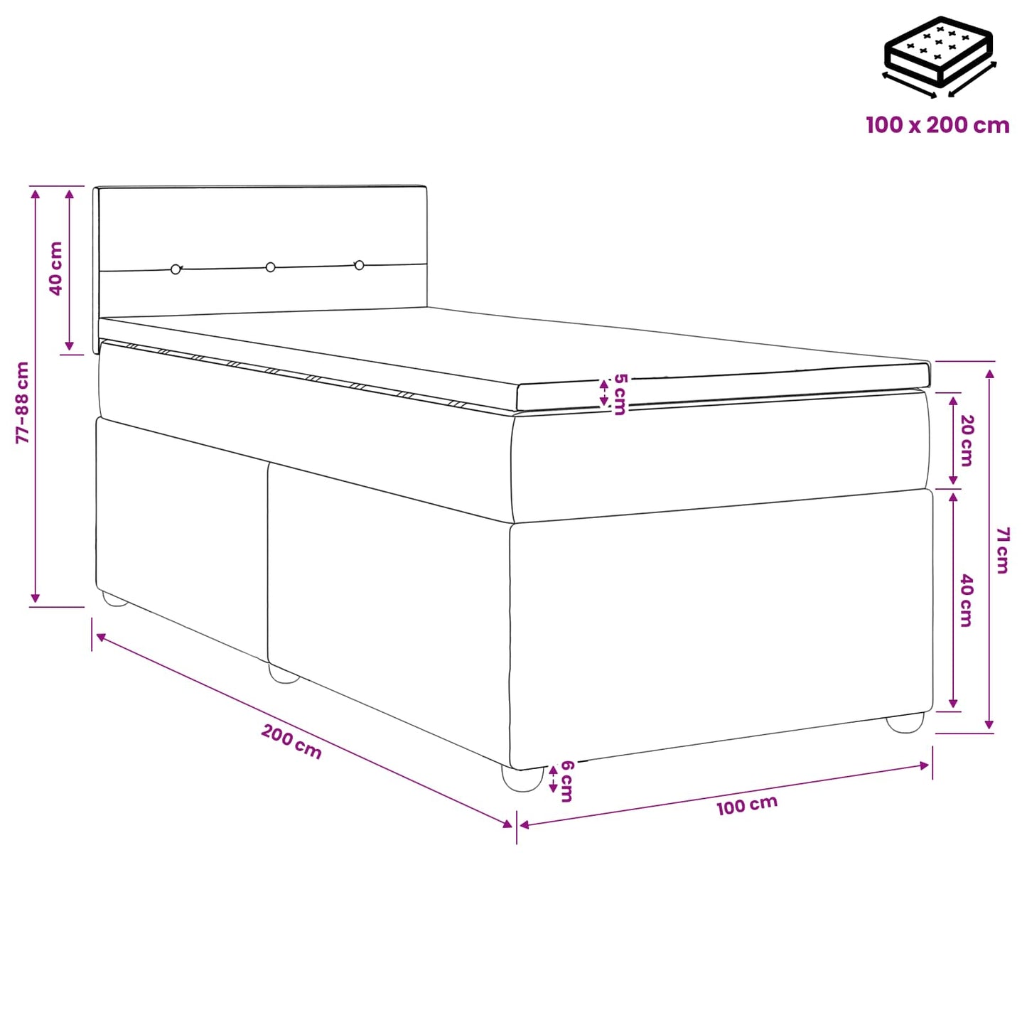 Boxspringbett mit Matratze Schwarz 100 x 200 cm Stoff