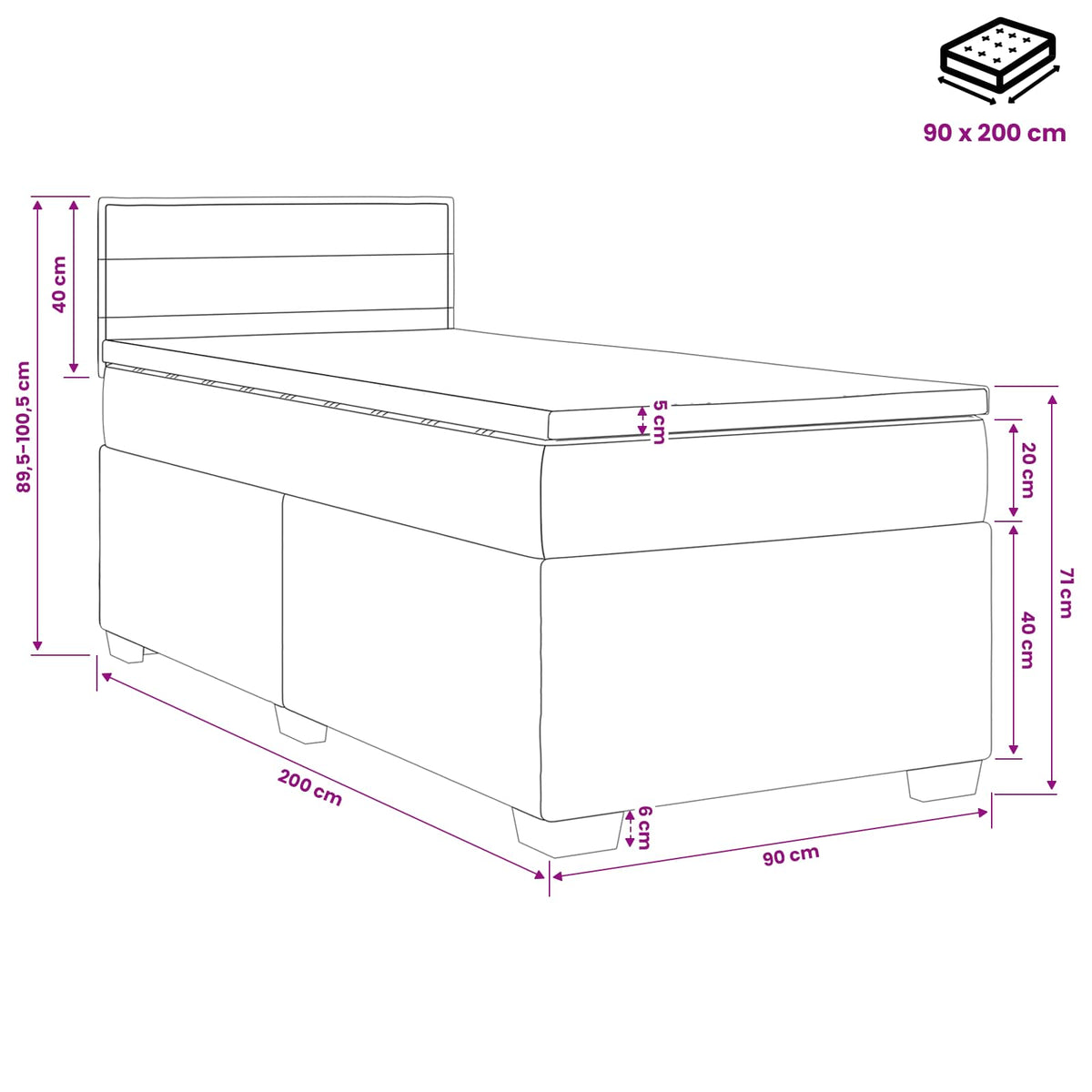 Boxspringbett mit Matratze und LED Schwarz 90 x 200 cm Stoff