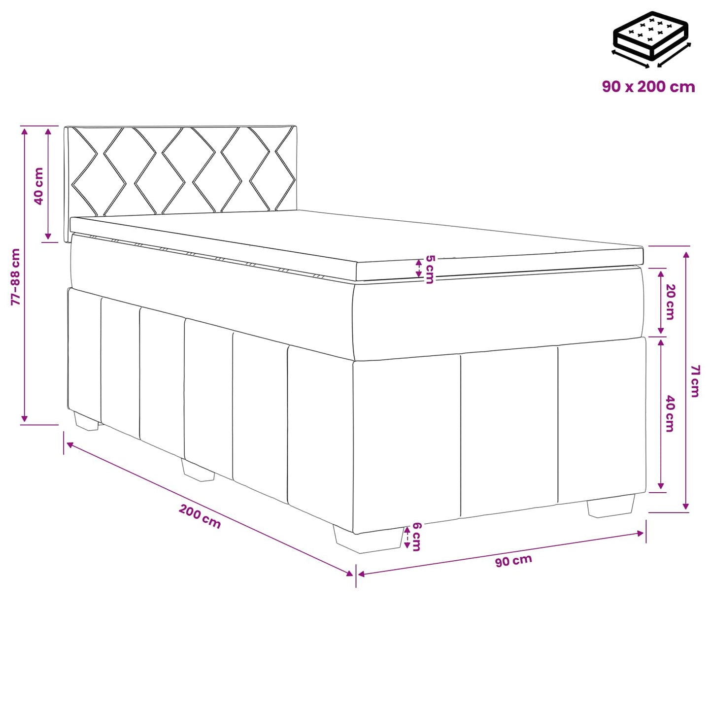 Boxspringbett mit Matratze Schwarz 90 x 200 cm Stoff