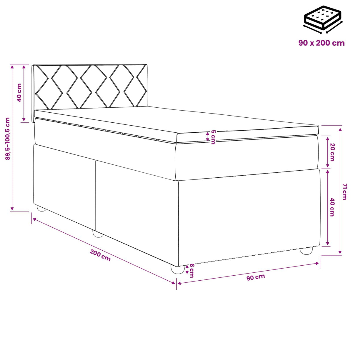 Boxspringbett mit Matratze Schwarz 90 x 200 cm Samt