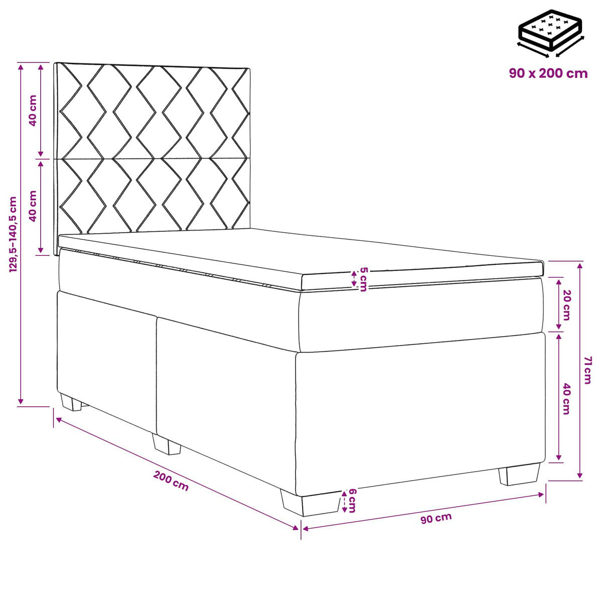 Boxspringbett mit Matratze Schwarz 90 x 200 cm Samt