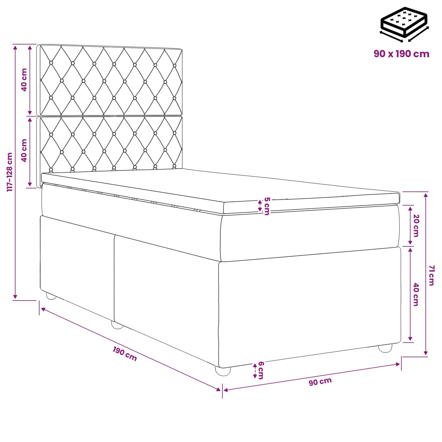 Boxspringbett mit Matratze mit Kopfteil Hellgrau Einzeln Samt