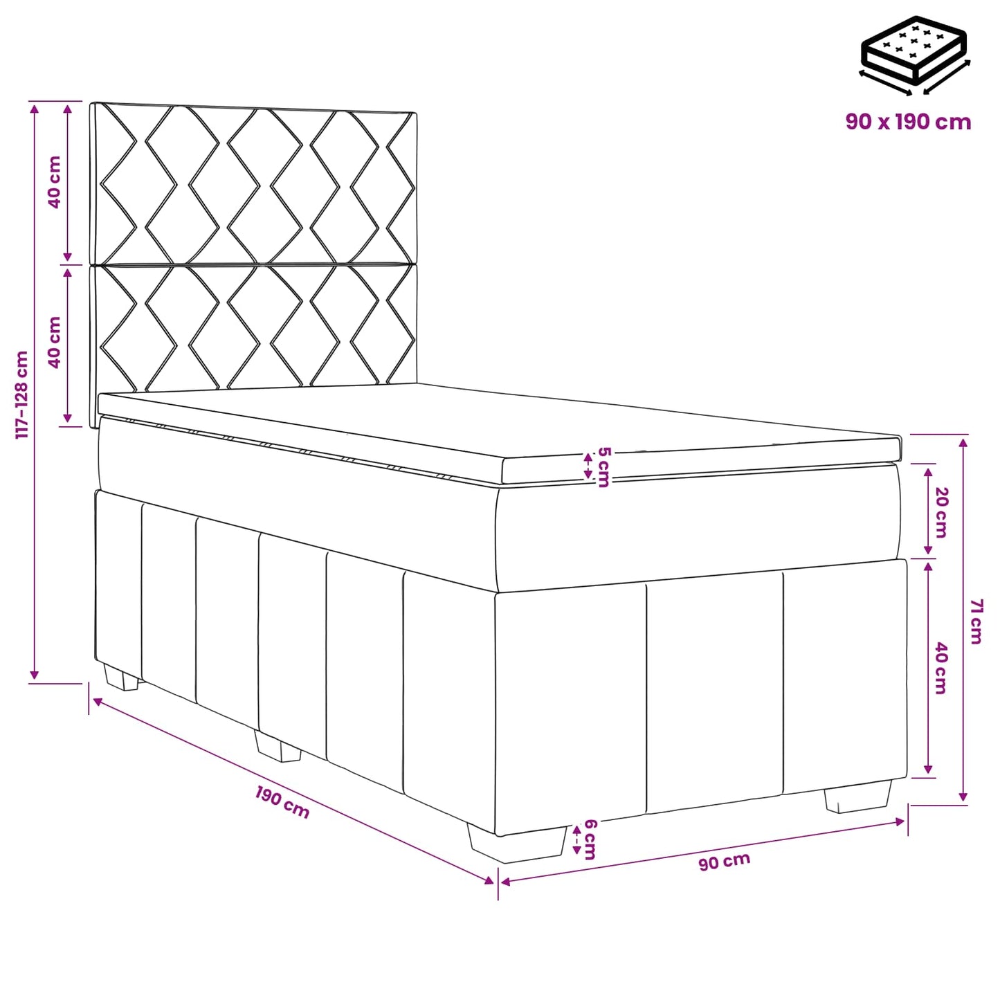 LED Boxspringbett mit Matratze Dunkelgrau 90 x 190 cm Stoff