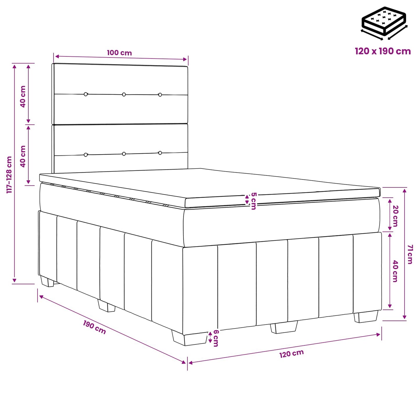 LED Boxspringbett mit Matratze Schwarz 120 x 190 cm Stoff