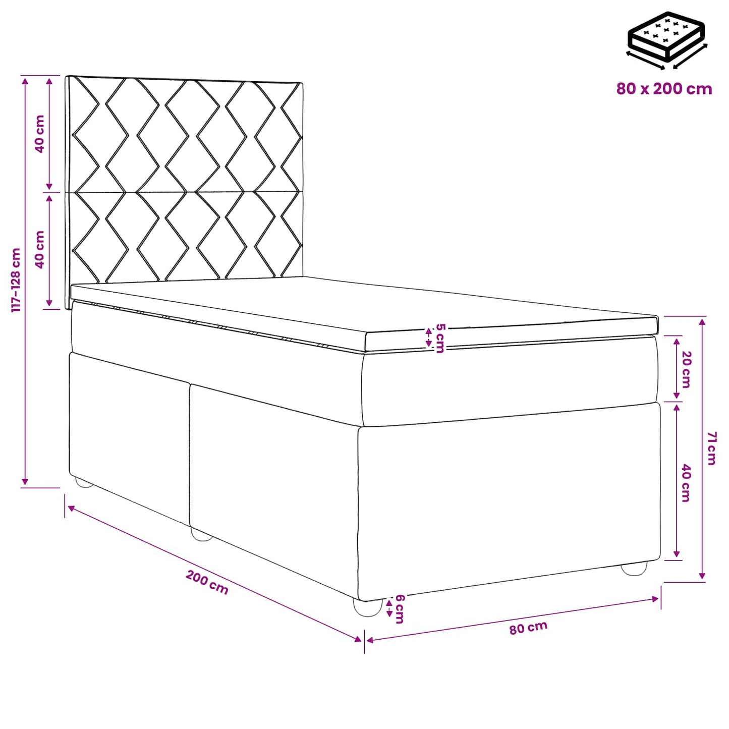 LED Boxspringbett mit Matratze Schwarz 80 x 200 cm Stoff