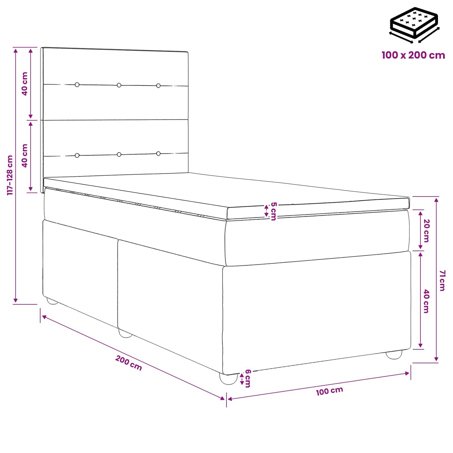 LED Boxspringbett mit Matratze Blau 100 x 200 cm Samt