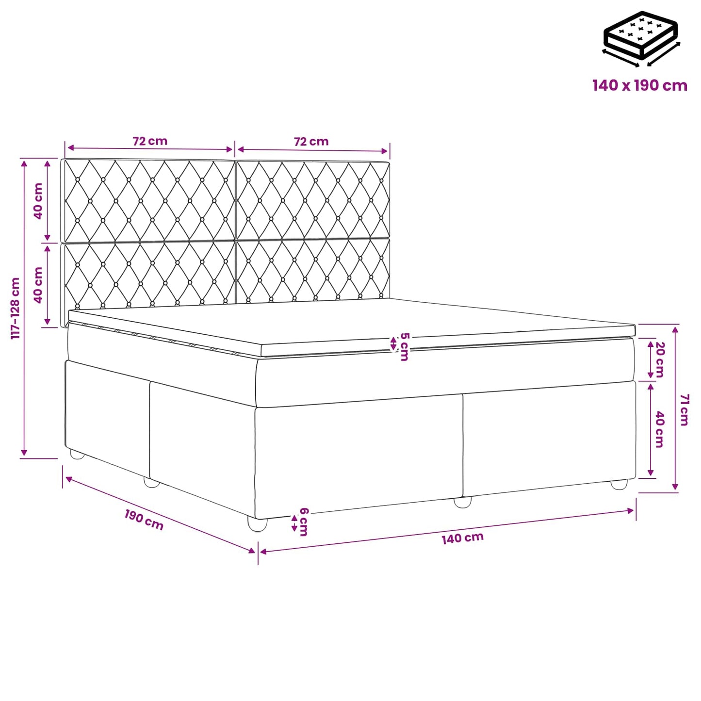 LED Boxspringbett mit Matratze Hellgrau 140 x 190 cm Samt