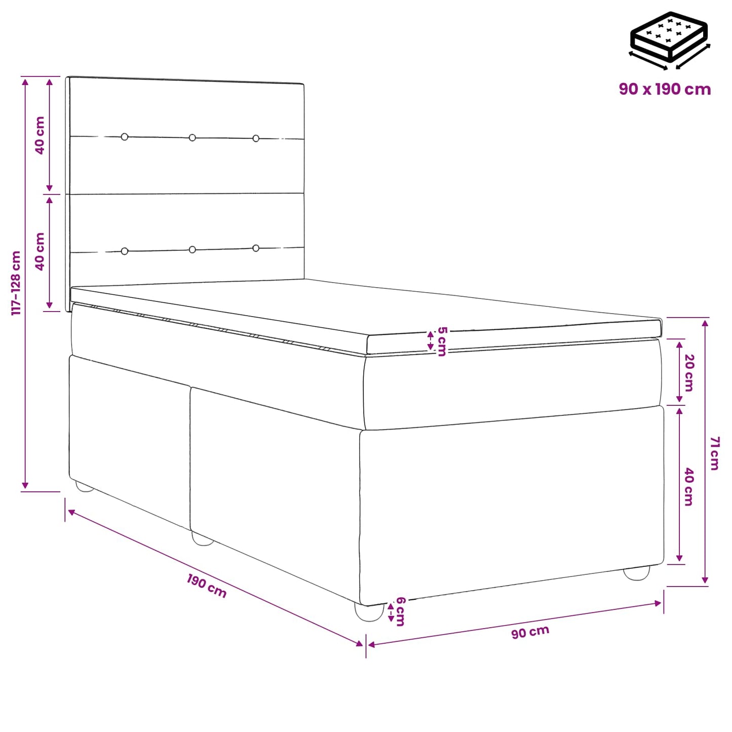 LED Boxspringbett mit Matratze Hellgrau 90 x 190 cm Samt