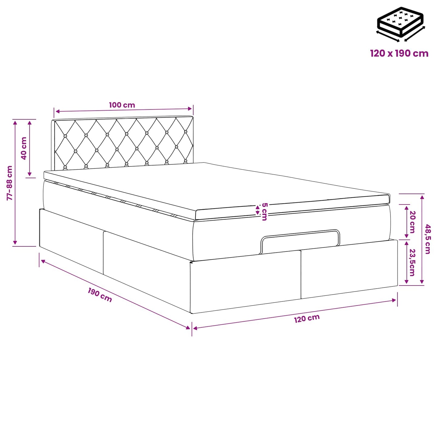 Ottoman Bett mit Matratze Dunkelgrau 120 x 190 cm Samt