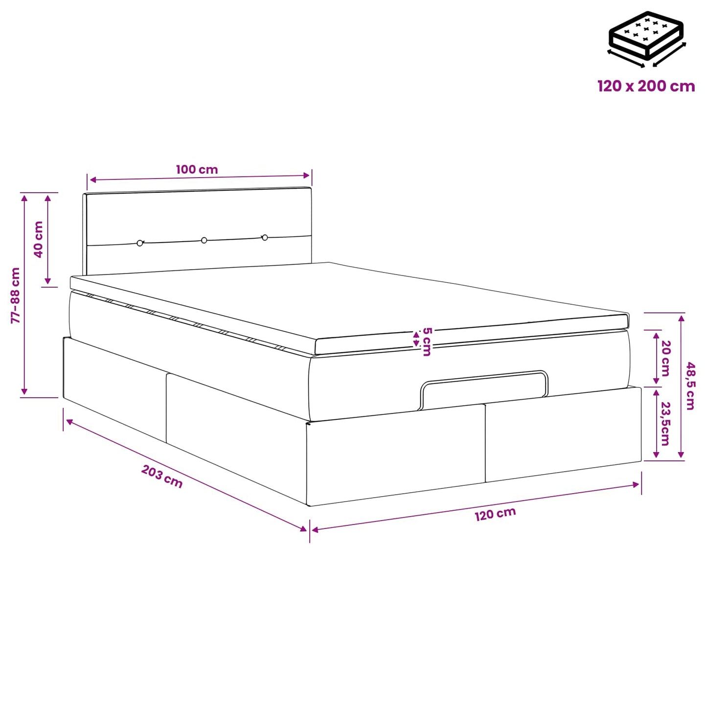 Ottoman Bett mit Matratze Dunkelgrau 120 x 200 cm Samt