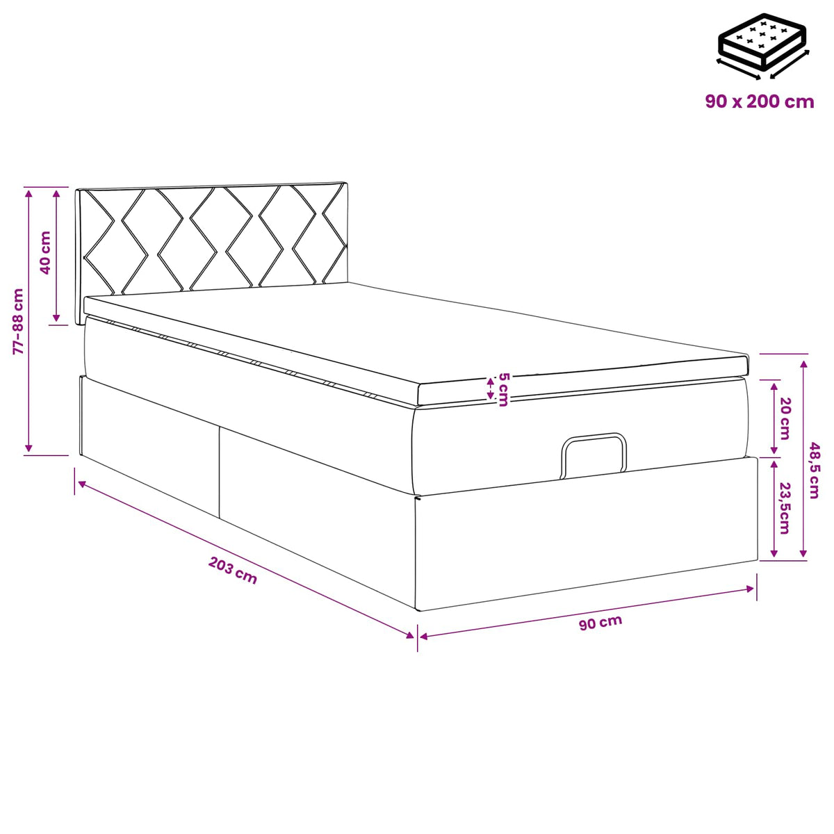 Ottoman Bett mit Matratze mit Kopfteil Schwarz 90 x 200 cm Samt