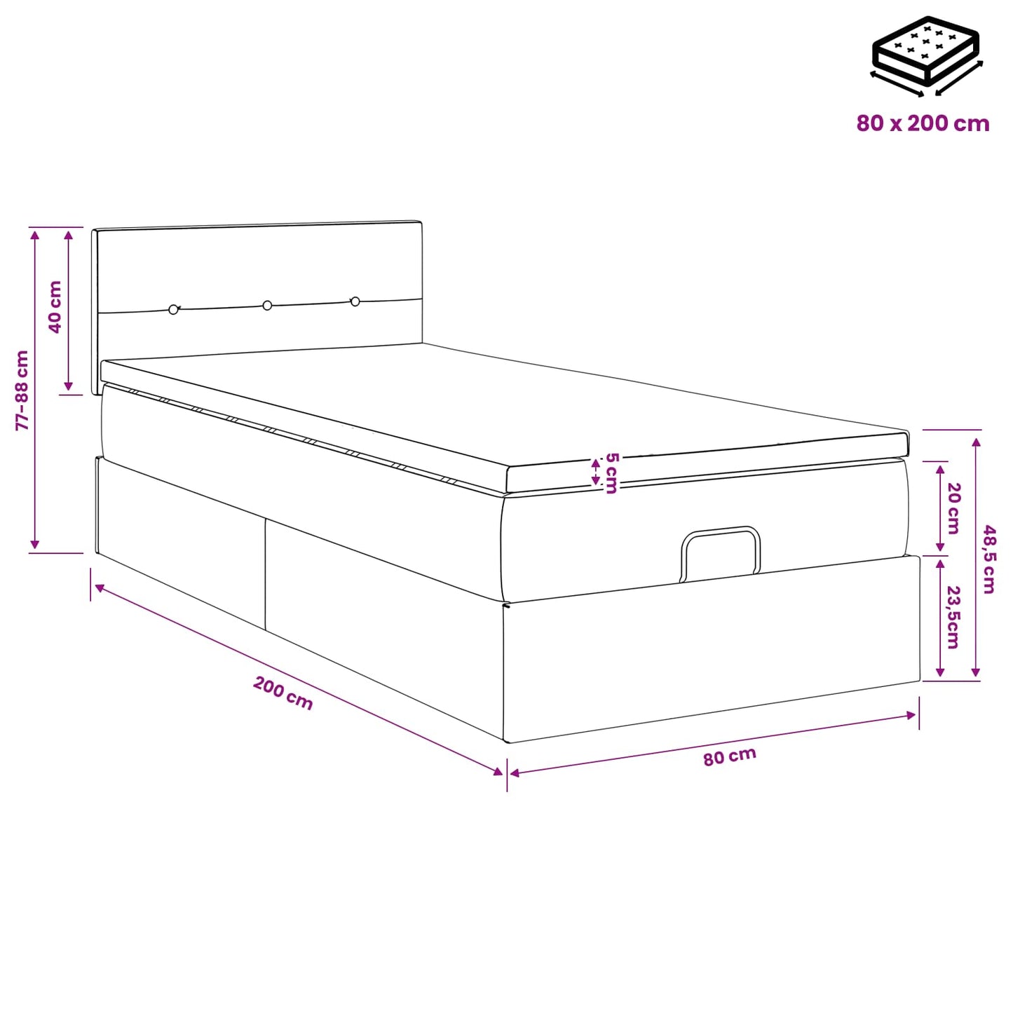 Ottoman-Bett mit Matratze und LED Dunkelgrau 80 x 200 cm Stoff
