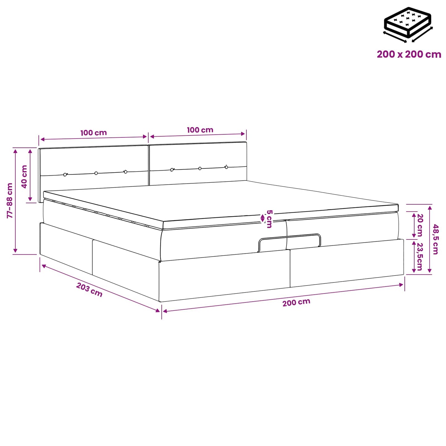 Ottoman-Bett mit Matratze und LED Dunkelgrau 200 x 200 cm Stoff