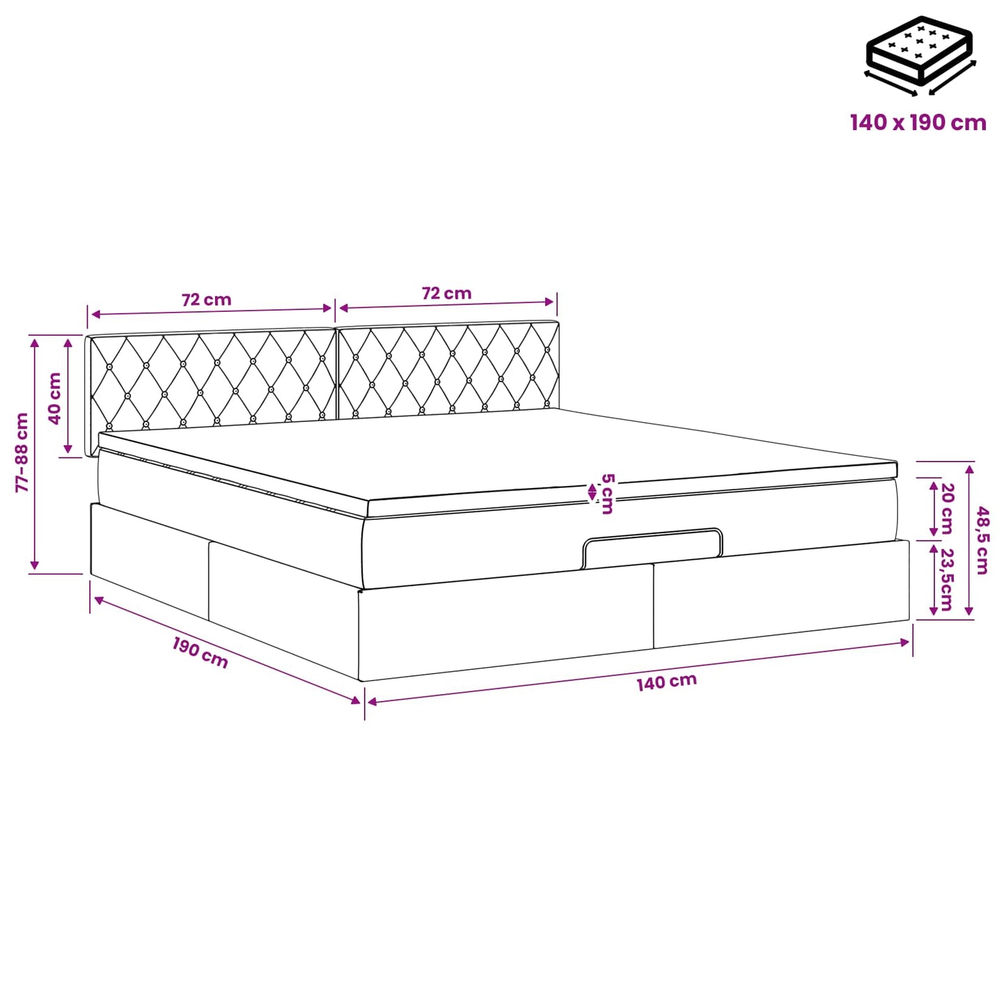Ottoman-Bett mit Matratze und LED Dunkelgrau 140 x 190 cm Samt