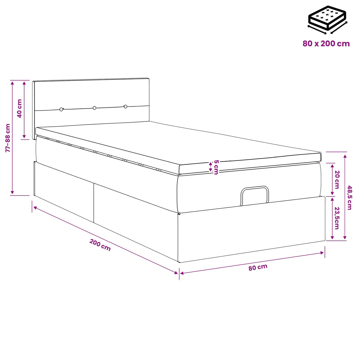 Ottoman-Bett mit Matratze und LED Schwarz 80 x 200 cm Samt
