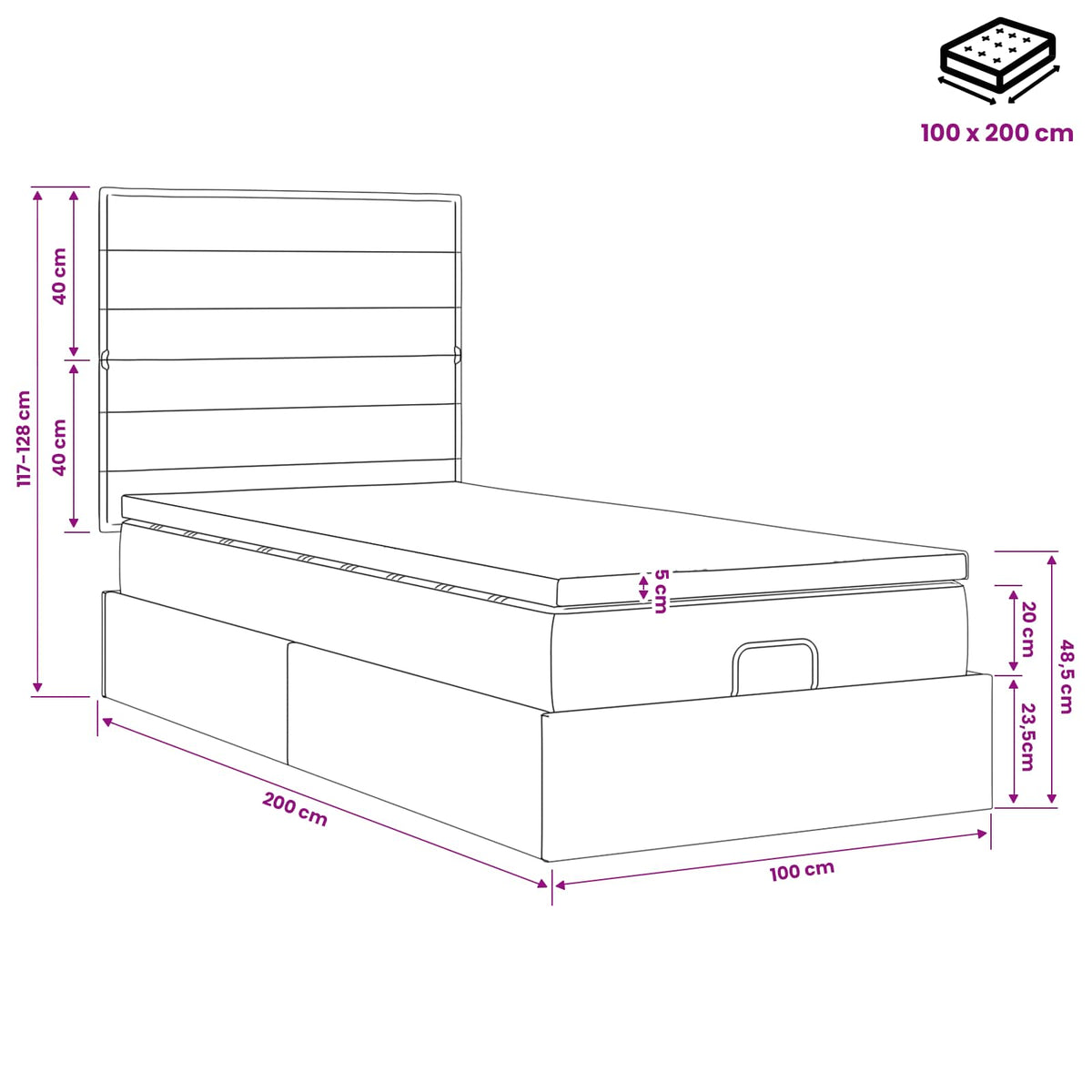 Ottoman Bett mit Matratze Dunkelgrau 100 x 200 cm Stoff