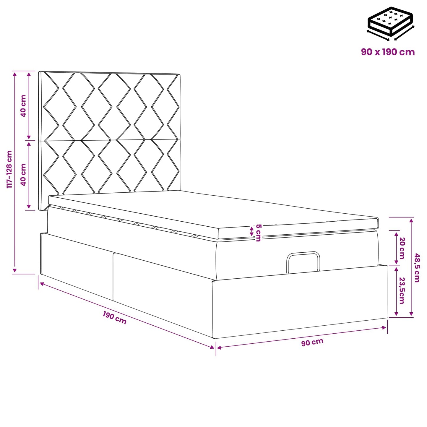 Ottoman Bett mit Matratze Hellgrau 90 x 190 cm Stoff