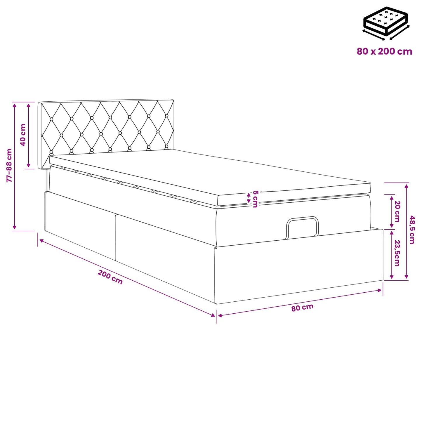 Ottoman Bett mit Matratze Hellgrau 80 x 200 cm Samt