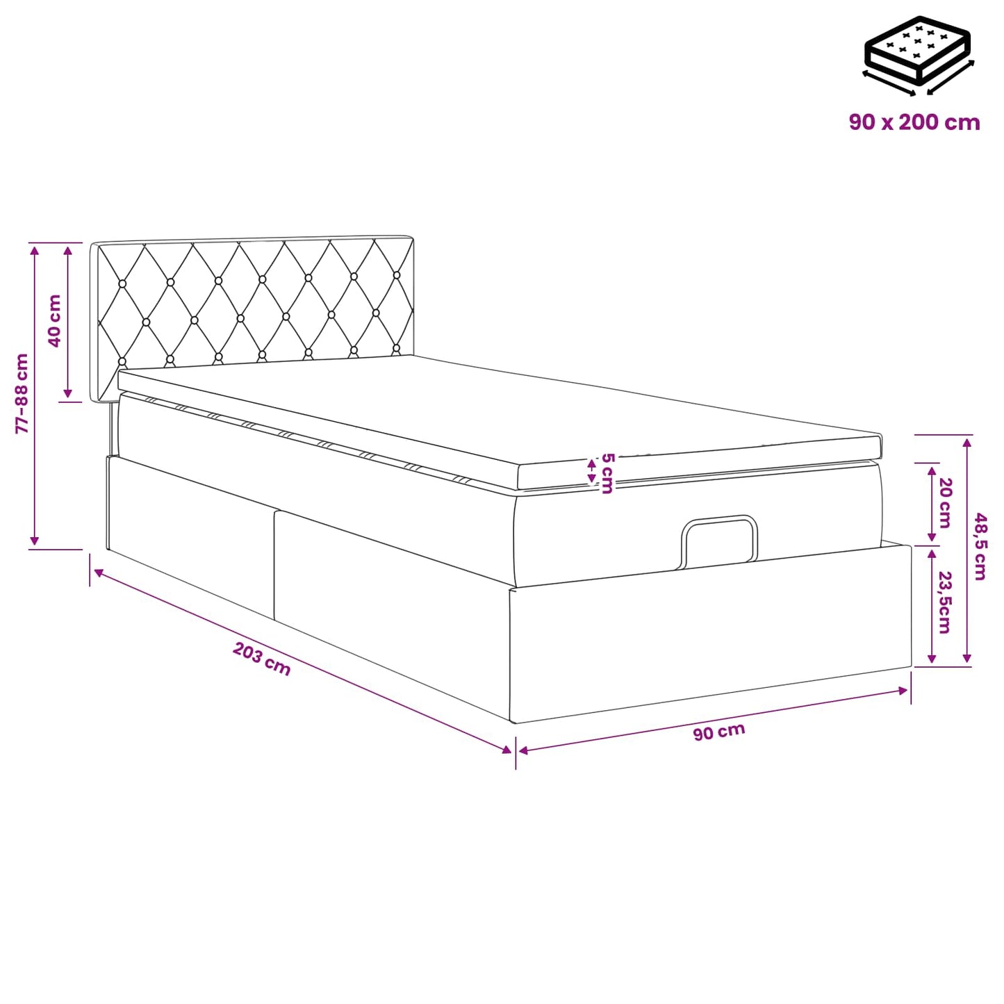 Ottoman Bett mit Matratze Dunkelgrau 90 x 200 cm Samt
