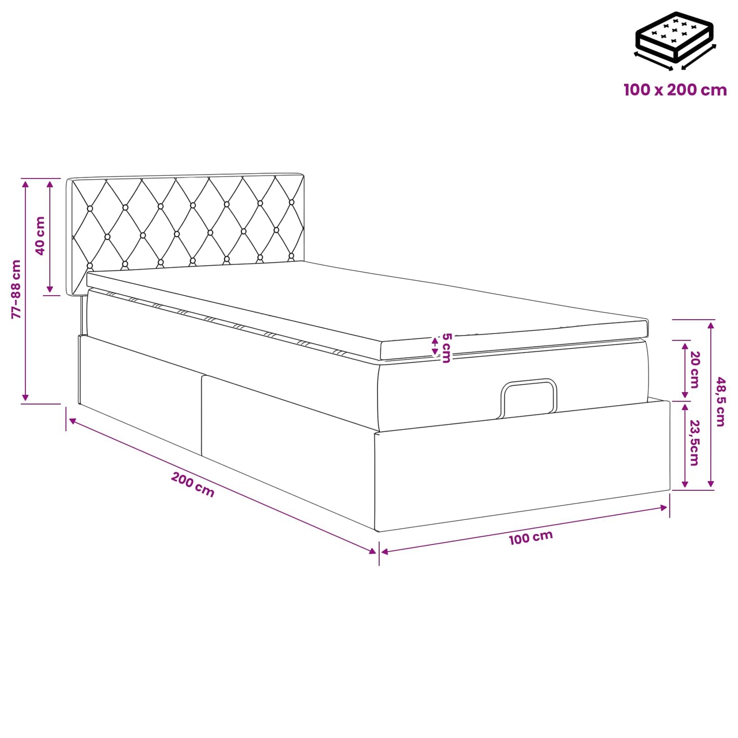 Ottoman Bett mit Matratze Hellgrau 100 x 200 cm Samt