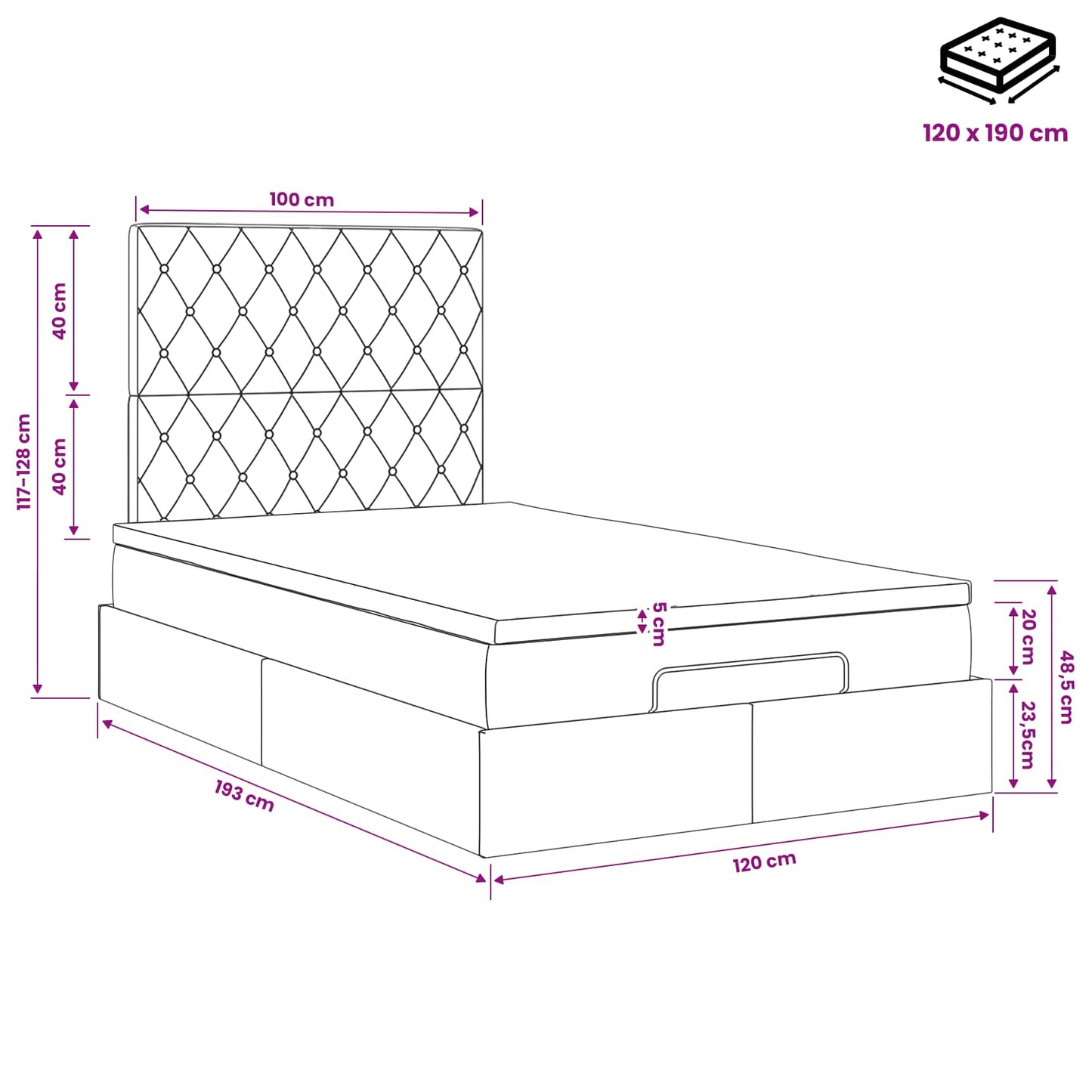 Ottoman Bett mit Matratze Dunkelgrau 120 x 190 cm Samt