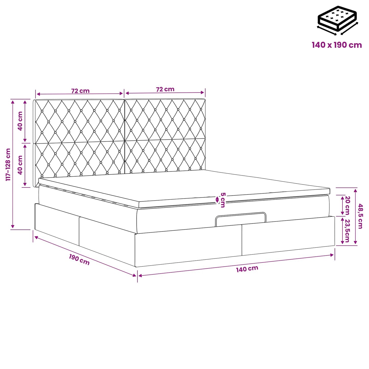 Ottoman Bett mit Matratze Hellgrau 140 x 190 cm Samt