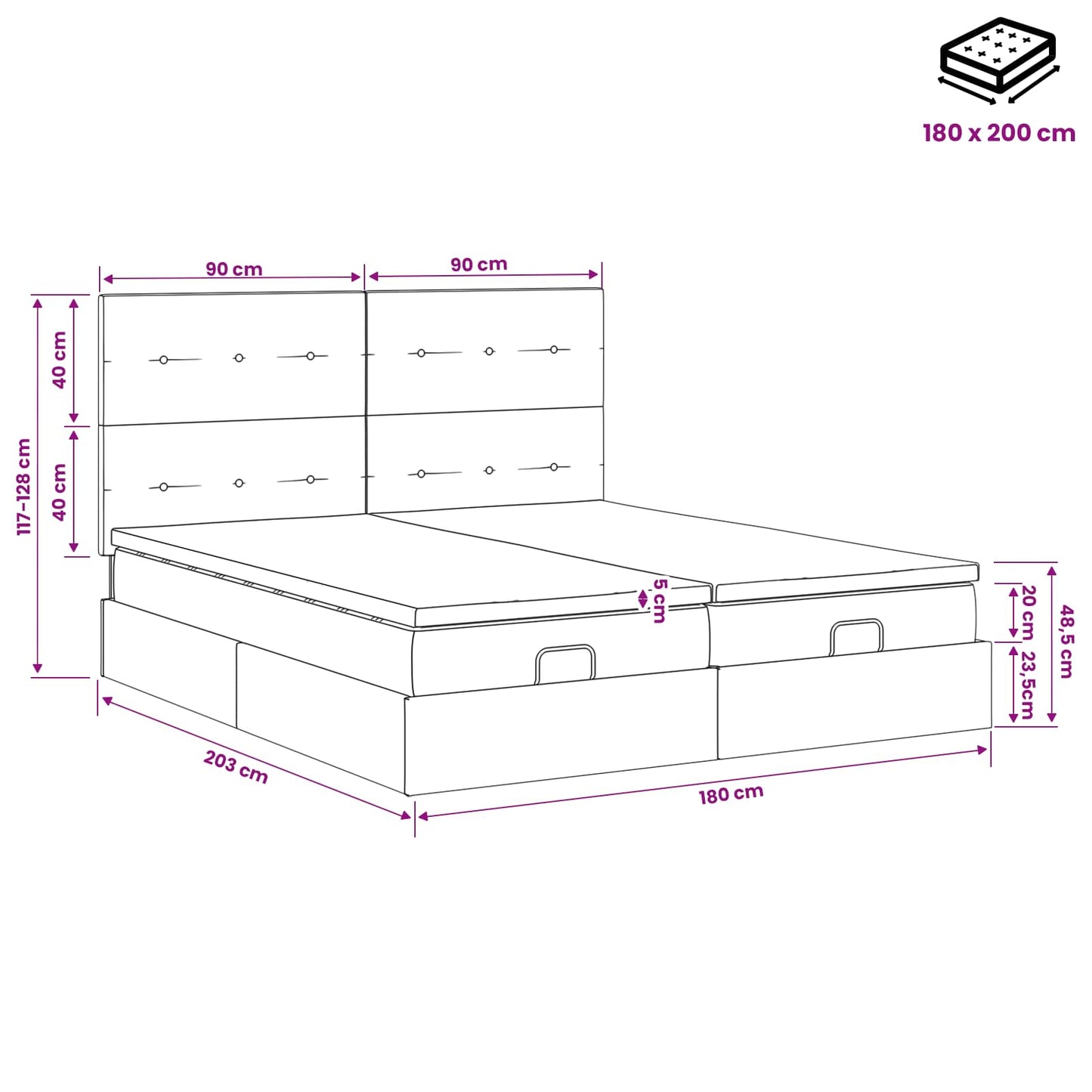 Ottoman Bett mit Matratze mit Kopfteil 2 Stk. Hellgrau Samt