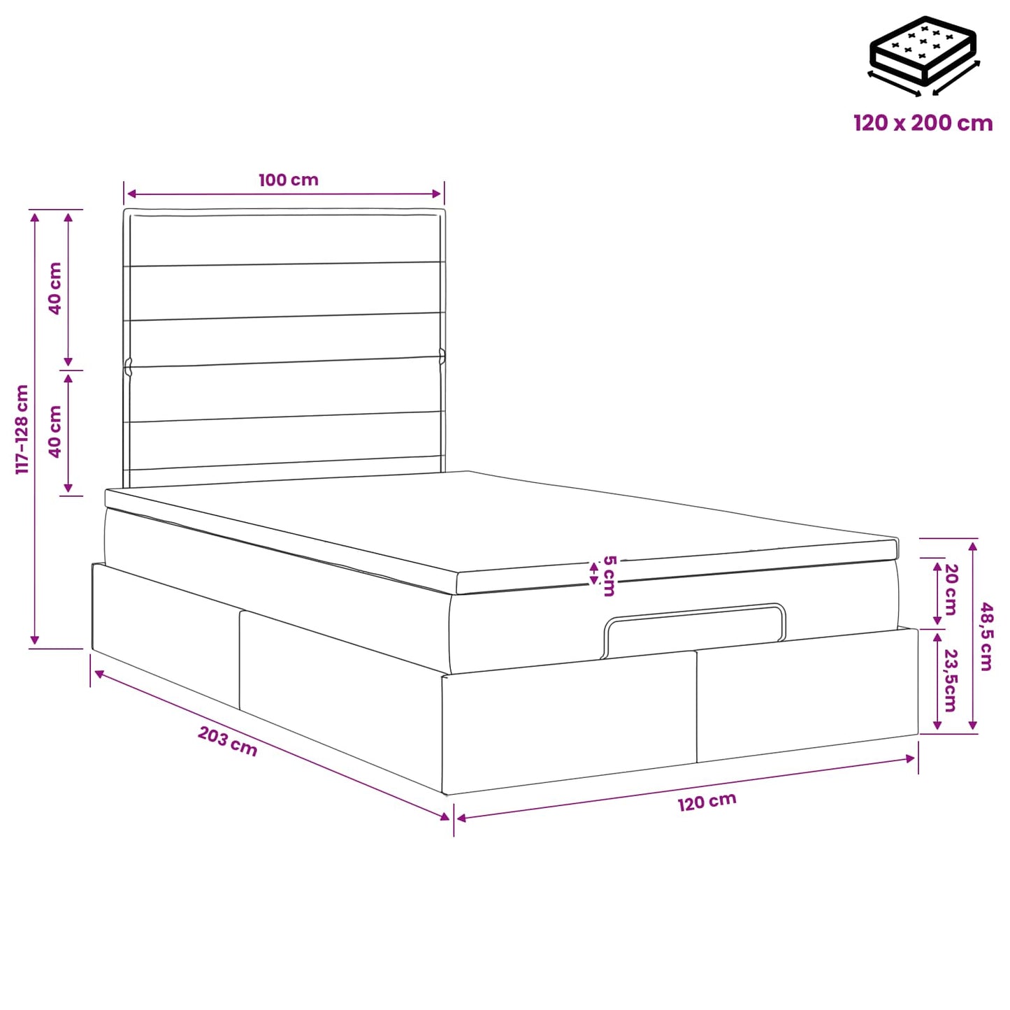 Ottoman-Bett mit Matratze und LED Dunkelgrau 120 x 200 cm Stoff