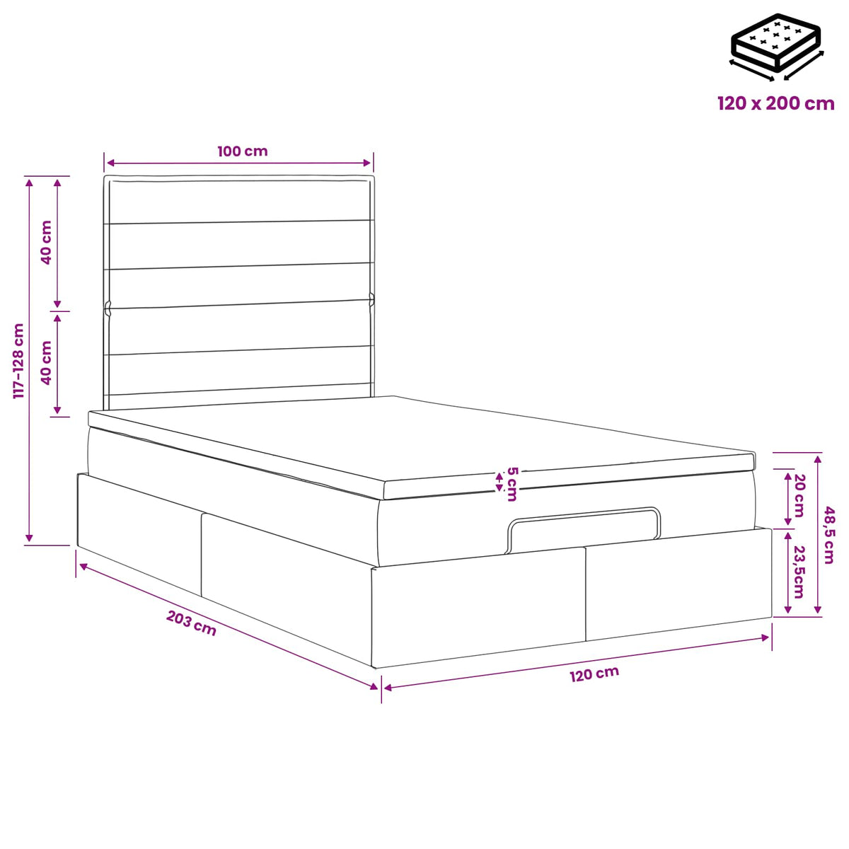 Ottoman-Bett mit Matratze und LED Dunkelgrau 120 x 200 cm Stoff