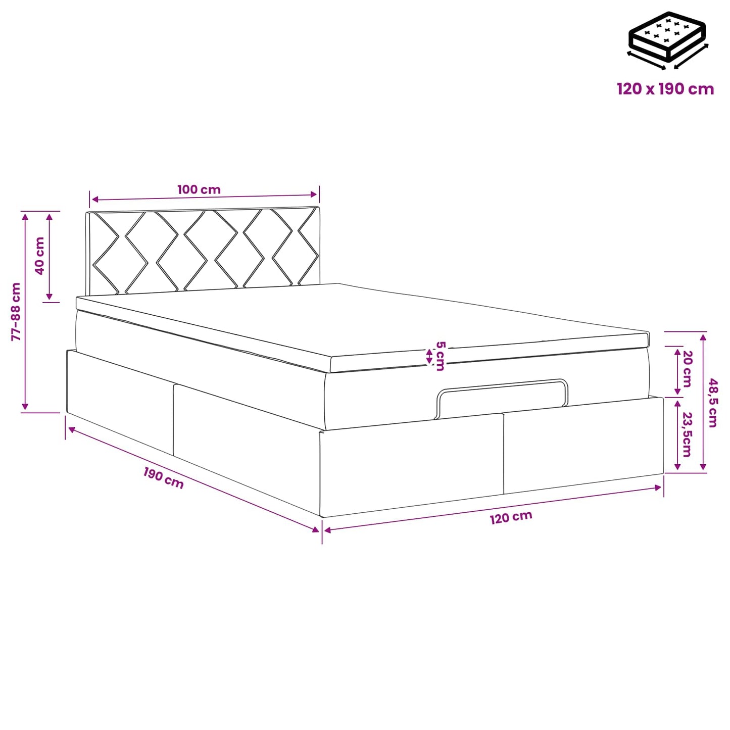 Ottoman-Bett mit Matratze und LED Dunkelgrau 120 x 190 cm Stoff